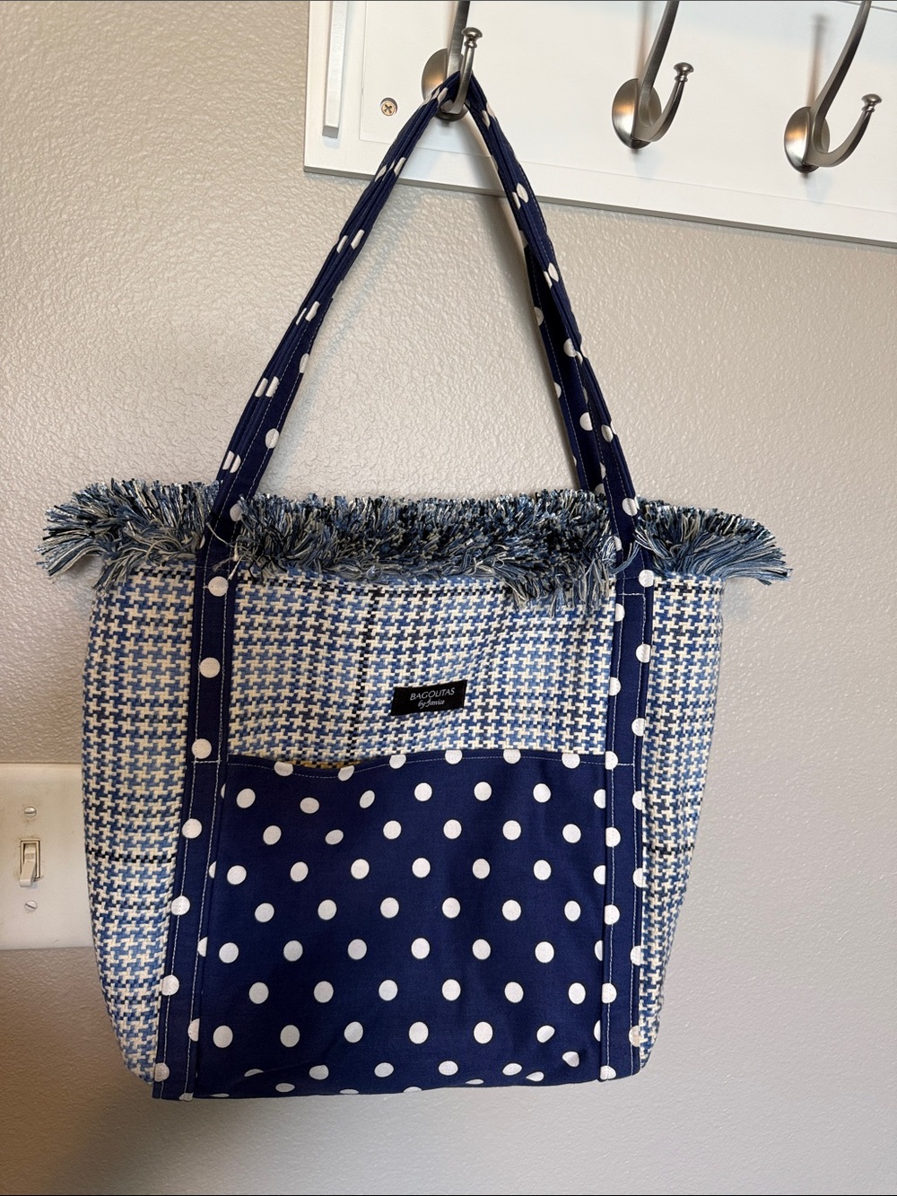 Navy Polka Dot & Houndstooth Fringe Tote